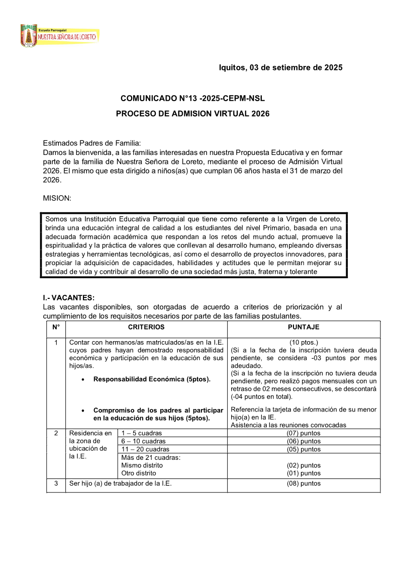 COMUNICADO N°13 -2025-CEPM-NSLPROCESO DE ADMISION VIRTUAL 2026